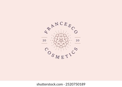 Elegant feminine shiny flower circle line art logo design template for cosmetic brand vector illustration. Bright blossom floral linear logotype for yoga meditation hairdresser spa beauty salon