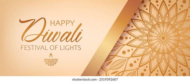 Elegant festive banner design for hindu festival Diwali. Golden text Happy Diwali, festival of lights, diya lamp and floral ornament on cream background.