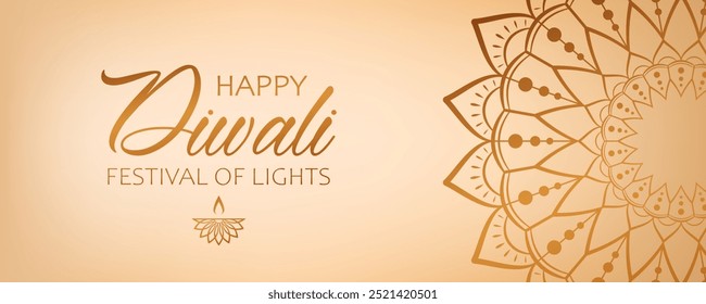 Design de banner festivo elegante para o festival hindu Diwali. Texto dourado Happy Diwali, festival de luzes, lâmpada diya e mandala abstrata floral no fundo creme.