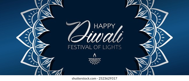 Elegant festive banner design for hindu festival Diwali. Golden text Happy Diwali, festival of lights, diya lamp and floral frame on blue background.