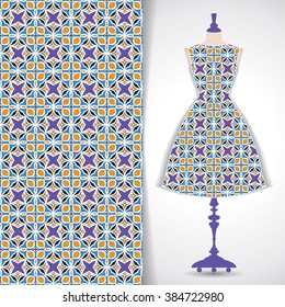 Elegant festive card with stylized body form dress mannequin over hand drawn tribal seamless background, fashion, for greeting, invitation card, or cover. Vector illustration.