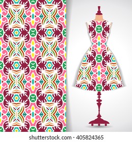 Elegant festive card with stylized body form dress mannequin over hand drawn tribal seamless background, fashion, for greeting, invitation card, or cover. Vector illustration.