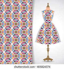 Elegant festive card with stylized body form dress mannequin over hand drawn tribal seamless background, fashion, for greeting, invitation card, or cover. Vector illustration.