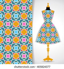Elegant festive card with stylized body form dress mannequin over hand drawn tribal seamless background, fashion, for greeting, invitation card, or cover. Vector illustration.