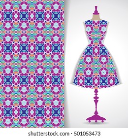 Elegant festive card with stylized body form dress mannequin over hand drawn tribal seamless background, fashion, for greeting, invitation card, or cover. Vector illustration.