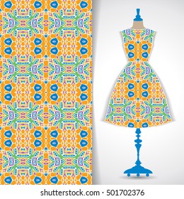 Elegant festive card with stylized body form dress mannequin over hand drawn tribal seamless background, fashion, for greeting, invitation card, or cover. Vector illustration.