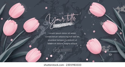 Elegant festive horizontal banner, poster or greeting card template with 3d pink tulips and silver elements on black realistic marble background. Vector illustration