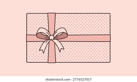 Elegant and festive illustration of a rectangular gift box wrapped in charming polka-dot paper, tied with a delicate pink ribbon and a decorative bow, ready for special occasions.
