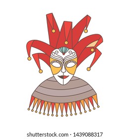 Elegant festive mask of jester or harlequin isolated on white background. Decoration for Venetian carnival, Mardi Gras parade or masquerade. Colorful vector illustration in modern line art style.