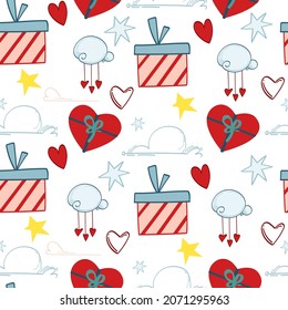 Elegant festive seamless pattern. Vector background with gift boxes, clouds, hearts and stars. For textiles, wrapping paper, decoration.