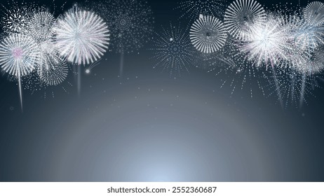 Elegant festive vector design featuring fireworks bursting in the night sky with a glowing background, perfect for celebrations, events, and New Year greetings.