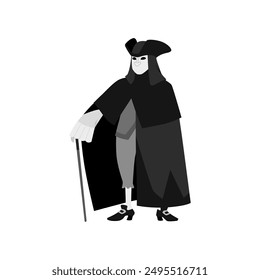 Elegant figure dressed in traditional Venice Carnival attire with a black cloak, tricorn hat, and mask, holding a cane. Monochromatic vector illustration for festive themes.