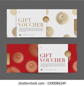 Elegant Fireworks Gift Voucher Coupon Discount, Shopping Online for Christmas and  Happy New Year. Abstract Fireworks Background Pattern, Golden Red White Color. Vector illustration