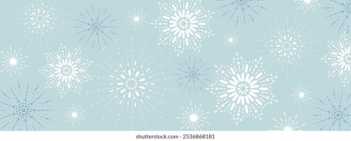 Elegant fireworks pattern in white and blue on a light pastel background, ideal for festive and celebratory designs. 