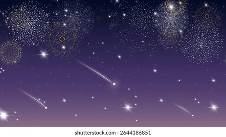 Elegant fireworks sparkle across a dreamy purple night sky with falling stars. Ideal for New Year, festival celebrations, Diwali, or romantic evening-themed backgrounds and invitations.