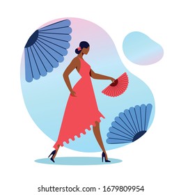 Elegant Flamenco Dancer Flat Vector Illustration. Latin American Woman Holding Fan Cartoon Characters. Young Spanish Performer in Beautiful Red Dress. National Spain Culture Festival, Fiesta