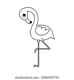 Elegant flamingo bird isolated on white background. Coloring book for children. Vector illustration in outline style.