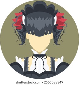 Elegant flat avatar of a woman with dark hair and red ribbons, dressed in a classic outfit on an olive background. Perfect for character design, fashion, and cultural projects