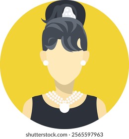 Elegant flat avatar of a woman with an updo hairstyle and pearl necklace on a yellow background. Ideal for luxury branding, digital profiles, and sophisticated design projects