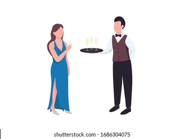 Elegant flat color vector faceless characters. Man in uniform with tray. Male waiter serving sparkling wine. Woman in formal dress hold wine glass. Catering service isolated cartoon illustration