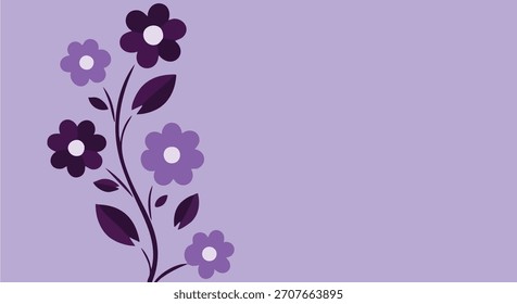 Elegant flat design showcasing stylized purple blossoms and leaves on a soft lavender background. 