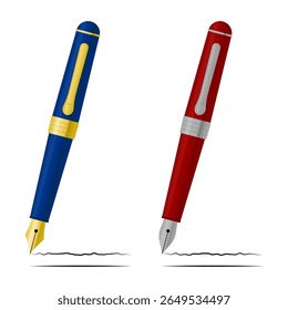 Elegant flat design vector of fountain pens with black ink strokes from blue-gold and red-silver pens.