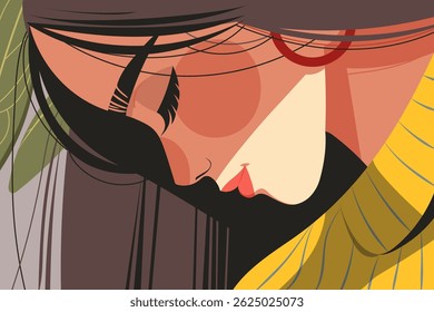 Elegant flat graphic vector illustration of a woman's profile in a calm, contemplative pose. Modern, minimalist design perfect for various creative projects.
