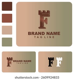 Elegant flat logo featuring the letter F combined with a fort icon. Perfect for security, tech, or real estate brands. Modern, strong, and easy to apply on print or digital media. Fully editable.