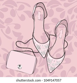 Elegant flat shoes with a purse bag, fashion illustration.