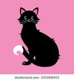 Elegant flat style illustration of a black cat with green eyes and a white tail tip sitting gracefully. Perfect for pet-themed designs, greeting cards, and digital decor