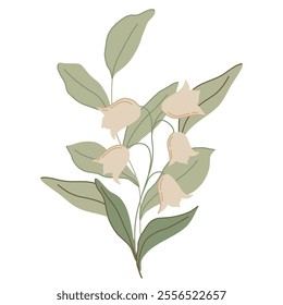 Elegant flat style vector botanical illustration with delicate flowers, leaves, and branches in muted shades of green, beige, and white. Perfect for spring projects, nature decor, minimalistic designs