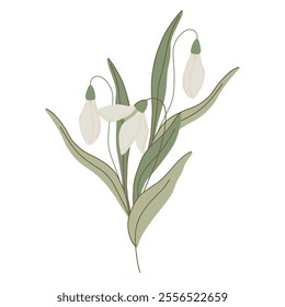 Elegant flat style vector botanical illustration with delicate flowers, leaves, and branches in muted shades of green, beige, and white. Perfect for spring projects, nature decor, minimalistic designs