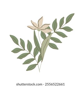 Elegant flat style vector botanical illustration with delicate flowers, leaves, and branches in muted shades of green, beige, and white. Perfect for spring projects, nature decor, minimalistic designs