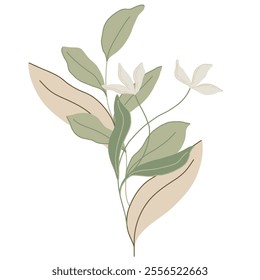 Elegant flat style vector botanical illustration with delicate flowers, leaves, and branches in muted shades of green, beige, and white. Perfect for spring projects, nature decor, minimalistic designs