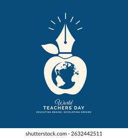 Elegant flat style vector graphic celebrating World Teachers’ Day. Combines an apple and pen nib with a globe to symbolize global knowledge, teaching, and inspiration. Perfect for posters Design
