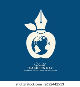 Elegant flat style vector graphic celebrating World Teachers’ Day. Combines an apple and pen nib with a globe to symbolize global knowledge, teaching, and inspiration. Perfect for posters Design