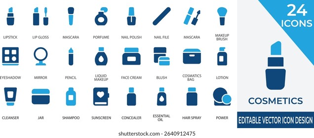 Elegant flat vector icons representing essential cosmetics and makeup tools. Perfect for beauty apps, salon branding, and skincare product visuals.