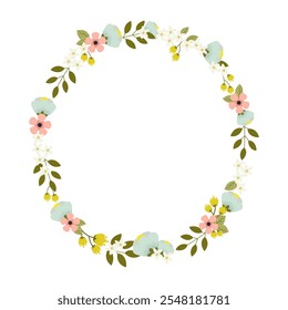 Elegante Ilustración vectorial plana de corona floral con hojas verdes frescas y flores, perfecto para invitaciones, logotipos o decoración