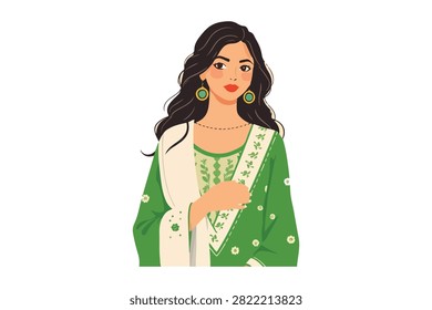 Elegant flat vector portrait of a young woman with long dark wavy hair wearing a traditional green dress with white floral motifs against an isolated white backdrop.