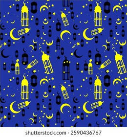  Elegant flat-design Ramadan pattern featuring lanterns and stars in a deep blue background.
