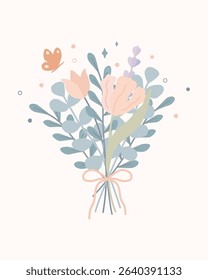 Elegant flat-style bouquet of pastel flowers and eucalyptus branches with bow. Minimal botanical illustration for greeting cards, packaging, wedding design, beauty, wellness and lifestyle projects.