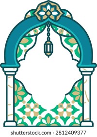 An elegant, flat-style vector illustration featuring a decorative Islamic archway decorated with intricate floral patterns, a hanging lantern, and pillars.