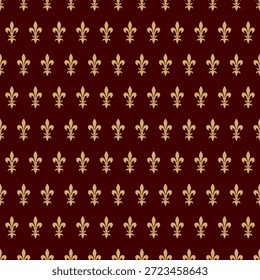 Elegante flor de lis sin patrón. Símbolos de lirio real de oro sobre fondo de vino tinto. Ornamento textil vintage de lujo.