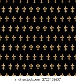 Elegante flor de lis sin patrón. Símbolos de lirio real de oro sobre fondo negro. Ornamento textil vintage de lujo.