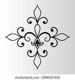 Elegant fleur-de-lis design, black and white illustration, symmetrical ornament, decorative swirls, minimalist style.