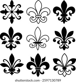 Elegant Fleur-de-lis Design Collection.Nine distinct, black and white fleur-de-lis designs, perfect for use in various design projects.