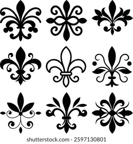 Elegant Fleur-de-lis Design Collection.Nine distinct, black and white fleur-de-lis designs, perfect for use in various design projects.