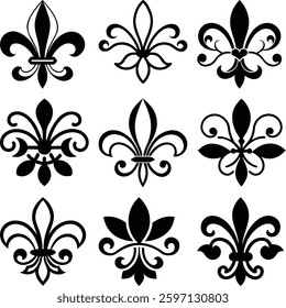 Elegant Fleur-de-lis Design Collection.Nine distinct, black and white fleur-de-lis designs, perfect for use in various design projects.