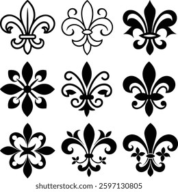 Elegant Fleur-de-lis Design Collection.Nine distinct, black and white fleur-de-lis designs, perfect for use in various design projects.