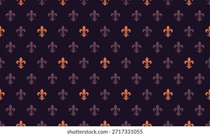 Elegant fleurdelis pattern in muted orange and purple hues on a dark background.  Perfect for websites, invitations, or textile designs.